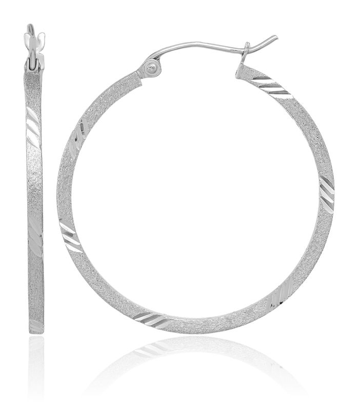 14K Solid White Gold Square Tube Round Medium Hoop Earrings