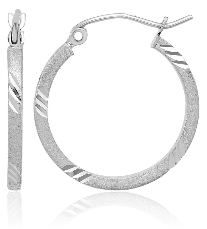 14K Solid White Gold Square Tube Round Medium Hoop Earrings