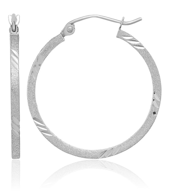 14K Solid White Gold Square Tube Round Medium Hoop Earrings