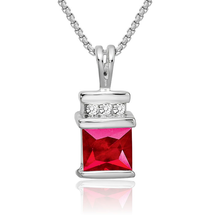 14K Solid White Gold Square Red Ruby Diamond Necklace Charm Gemstone Pendant