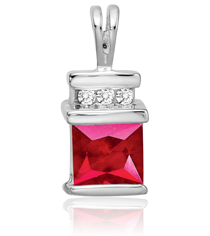 14K Solid White Gold Square Red Ruby Diamond Necklace Charm Gemstone Pendant