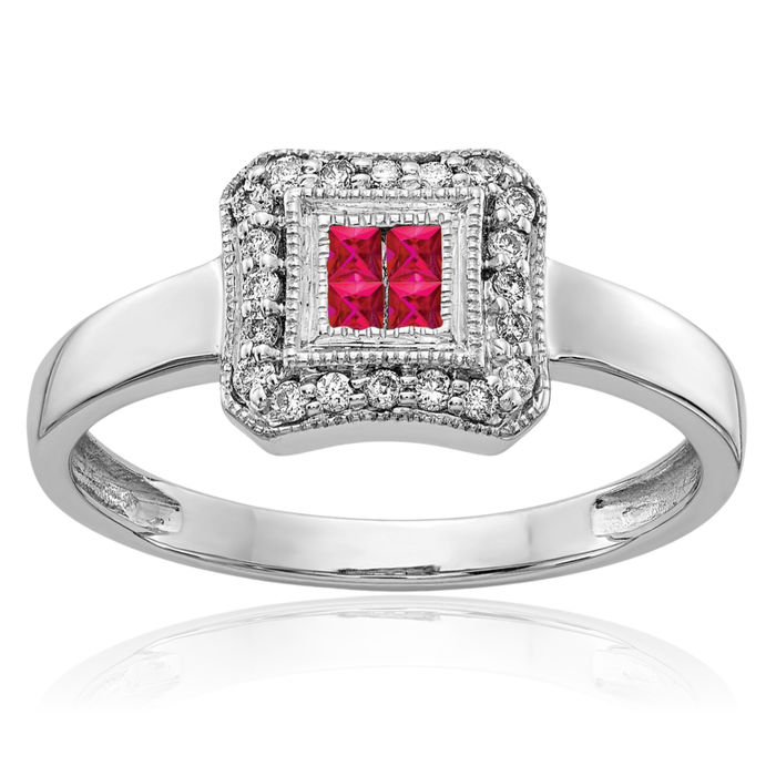 14K Solid White Gold Square Red Ruby Diamond Ring Gemstone Band July Birthstone Jewelry
