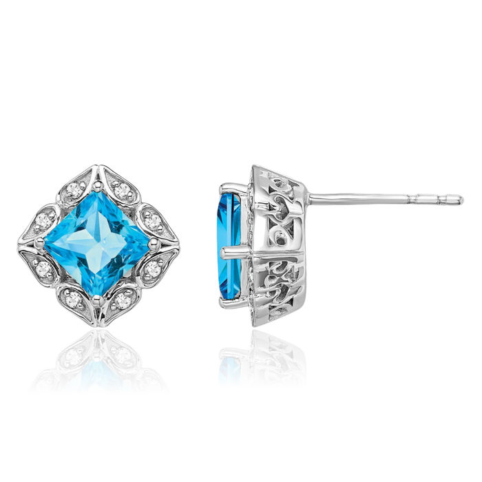 14K Solid White Gold Square Swiss Blue Topaz Diamond Stud Earrings December Birthstone Jewelry