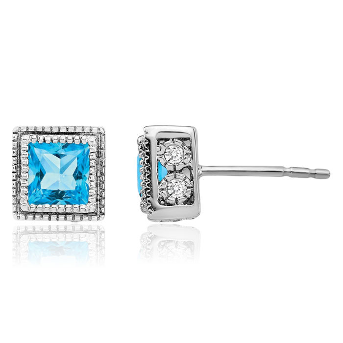 14K Solid White Gold Square Swiss Blue Topaz Diamond Stud Solitaire Earrings December Birthstone Jewelry