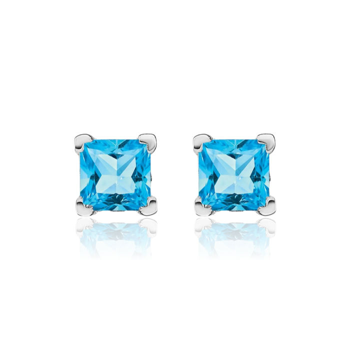 14K Solid White Gold Square Swiss Blue Topaz Studs Gemstone Earrings December Birthstone Jewelry