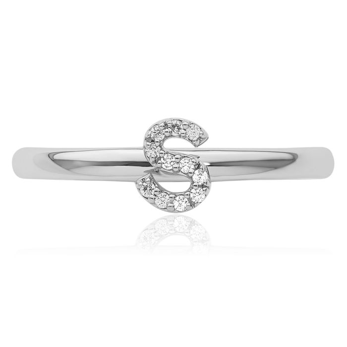 14K Solid White Gold Stacking Diamond Dainty Letter S Initial Name Monogram Ring