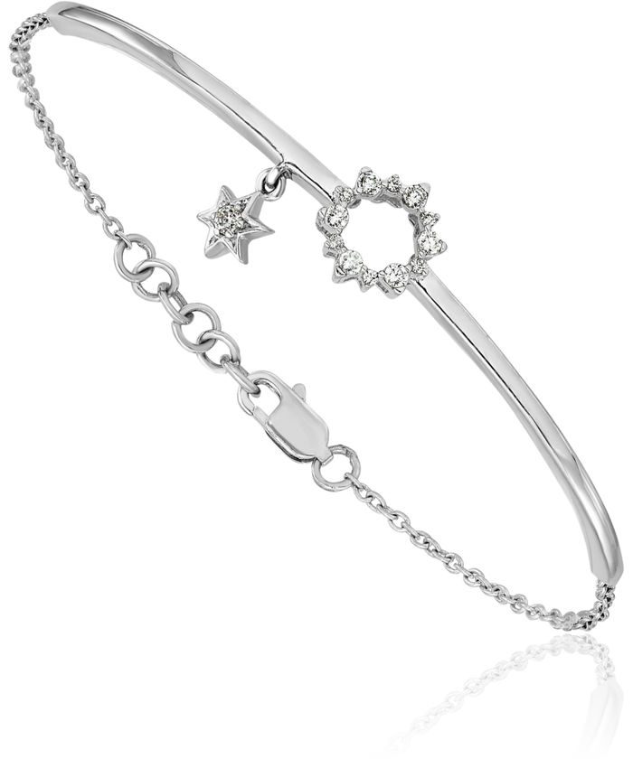 14K Solid White Gold Star Dangling Diamond Bangle Charm Bracelet