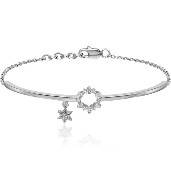 14K Solid White Gold Star Dangling Diamond Bangle Charm Bracelet