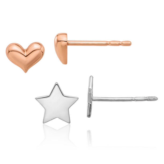 14K Solid White Gold Star Rose Pink Heart Stud Earrings Set