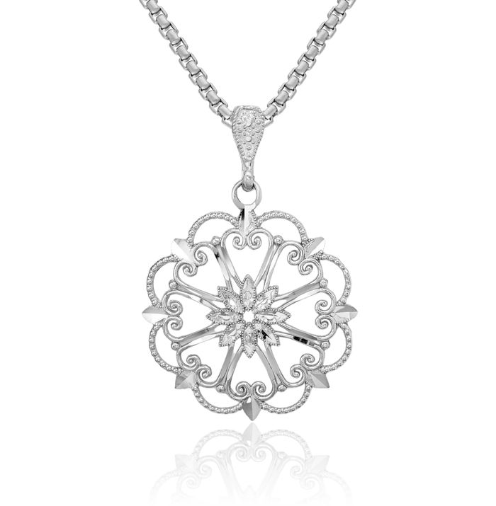 14K Solid White Gold Starbust Heart Beaded Necklace Chain Pendant Charm