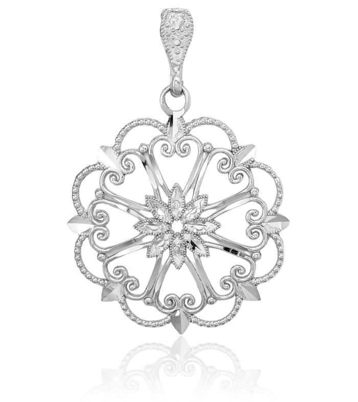 14K Solid White Gold Starbust Heart Beaded Necklace Chain Pendant Charm