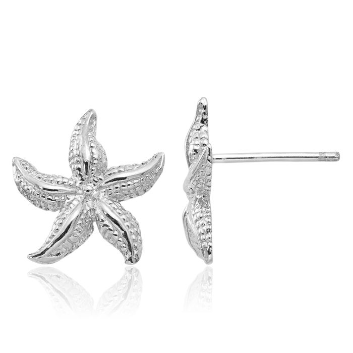 14K Solid White Gold Starfish Stud Earrings