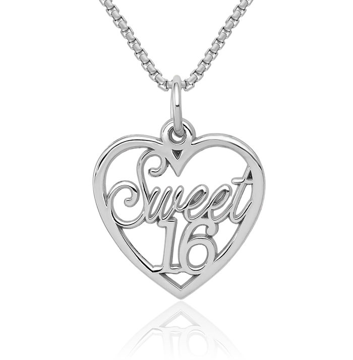 14K Solid White Gold Sweet 16 Years Old Birthday Heart Necklace Love Pendant Charm