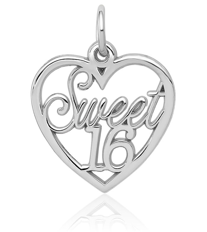 14K Solid White Gold Sweet 16 Years Old Birthday Heart Necklace Love Pendant Charm