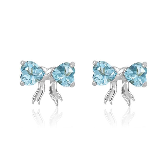 14K Solid White Gold Swiss Blue Topaz Bow Heart Stud Earrings December Birthstone Jewelry