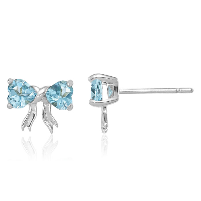 14K Solid White Gold Swiss Blue Topaz Bow Heart Stud Earrings December Birthstone Jewelry