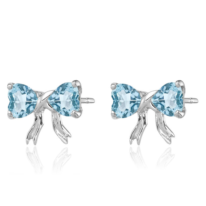 14K Solid White Gold Swiss Blue Topaz Bow Heart Stud Earrings December Birthstone Jewelry