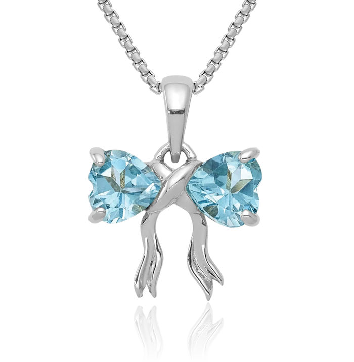 14K Solid White Gold Swiss Blue Topaz Bow Necklace Heart Gemstone Pendant Charm December Birthstone Jewelry