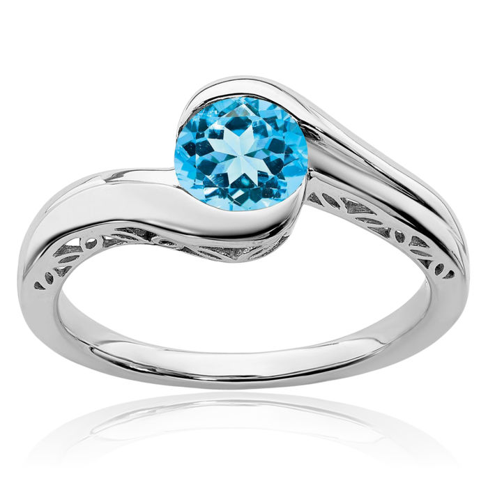 14K Solid White Gold Swiss Blue Topaz Bypass Ring Gemstone Band December Birthstone Jewelry