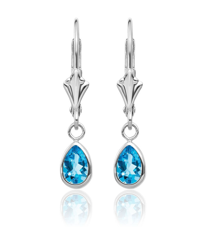 14K Solid White Gold Swiss Blue Topaz Drop Dangle Earrings Pear Teardrop Gemstone December Birthstone Jewelry