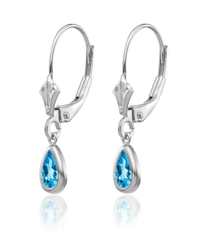 14K Solid White Gold Swiss Blue Topaz Drop Dangle Earrings Pear Teardrop Gemstone December Birthstone Jewelry