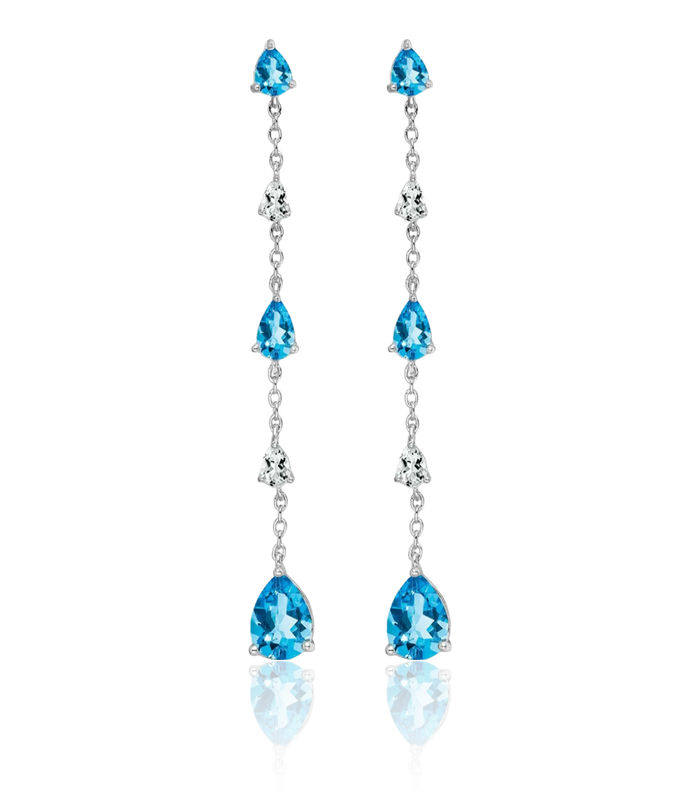 14K Solid White Gold Swiss Blue Topaz Drop Dangle Earrings Pear Teardrop Gemstone December Birthstone Jewelry