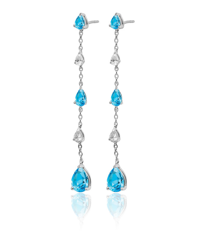 14K Solid White Gold Swiss Blue Topaz Drop Dangle Earrings Pear Teardrop Gemstone December Birthstone Jewelry