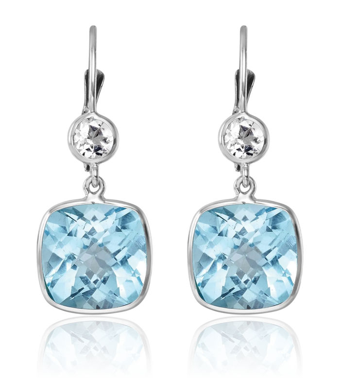 14K Solid White Gold Swiss Blue Topaz Drop Dangle Earrings Gemstone