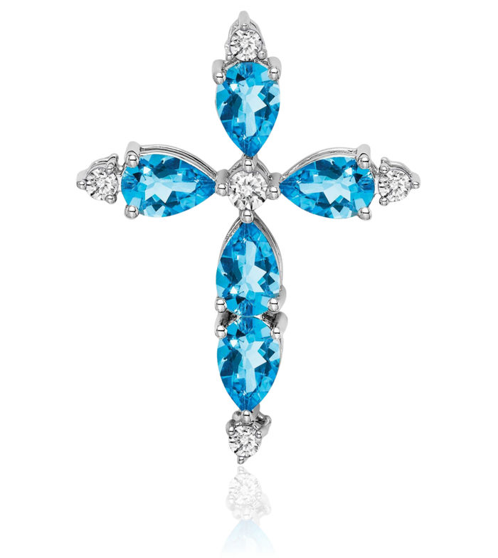 14K Solid White Gold Swiss Blue Topaz Diamond Holy Cross Floating Chain Slide Pendant Necklace Religious Jesus Christ Charm