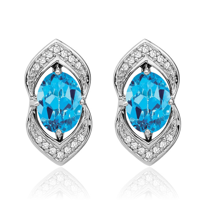 14K Solid White Gold Swiss Blue Topaz Diamond Drop Dangle Earrings December Birthstone Jewelry