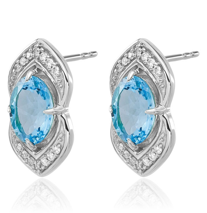 14K Solid White Gold Swiss Blue Topaz Diamond Drop Dangle Earrings December Birthstone Jewelry