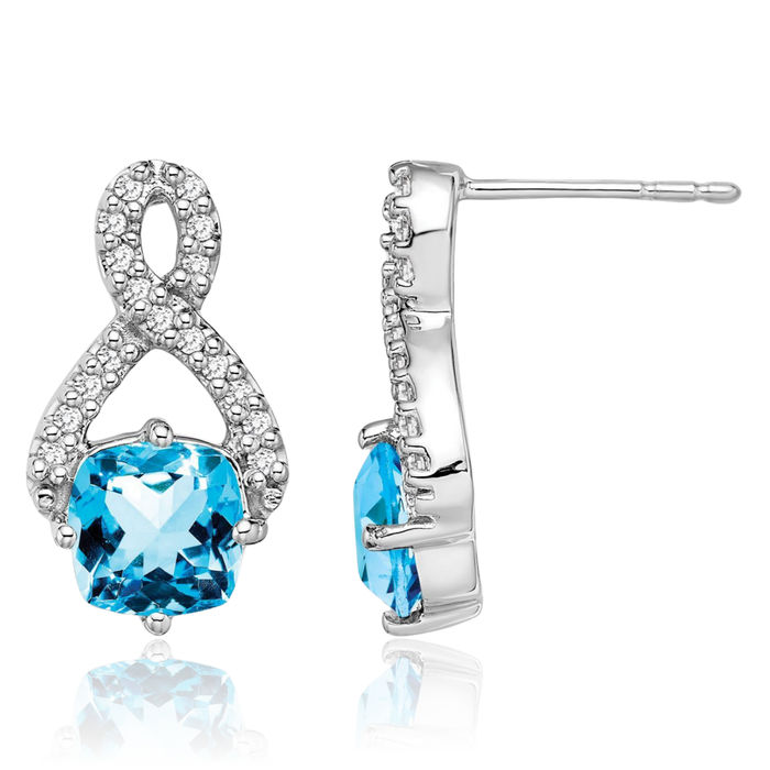 14K Solid White Gold Swiss Blue Topaz Diamond Drop Dangle Earrings Gemstone Post Push Back December Birthstone Jewelry