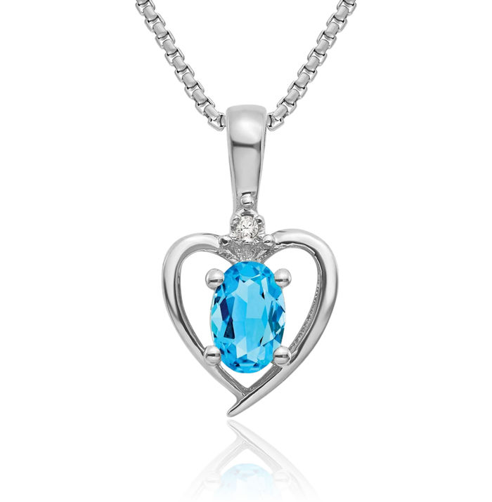 14K Solid White Gold Swiss Blue Topaz Diamond Heart Necklace Gemstone Pendant Charm April December Birthstone Jewelry