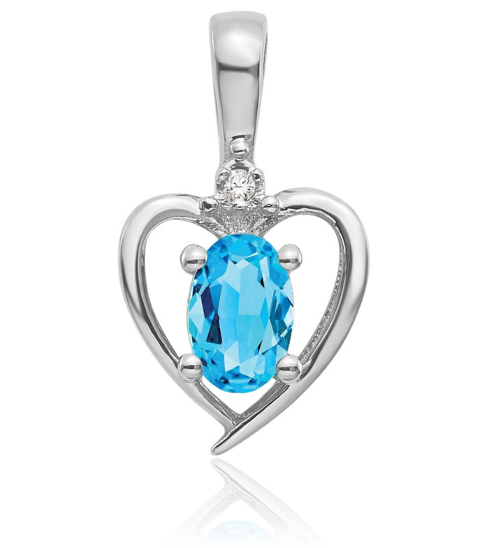 14K Solid White Gold Swiss Blue Topaz Diamond Heart Necklace Gemstone Pendant Charm April December Birthstone Jewelry