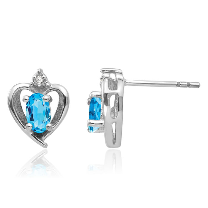 14K Solid White Gold Swiss Blue Topaz Diamond Heart Stud Earrings December Birthstone Jewelry