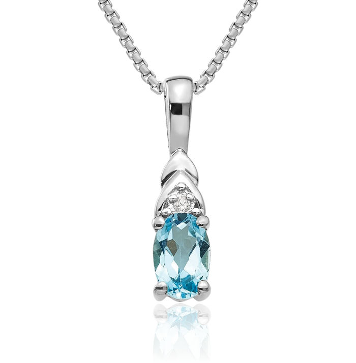 14K Solid White Gold Swiss Blue Topaz Diamond Necklace Gemstone Pendant Charm April December Birthstone Jewelry