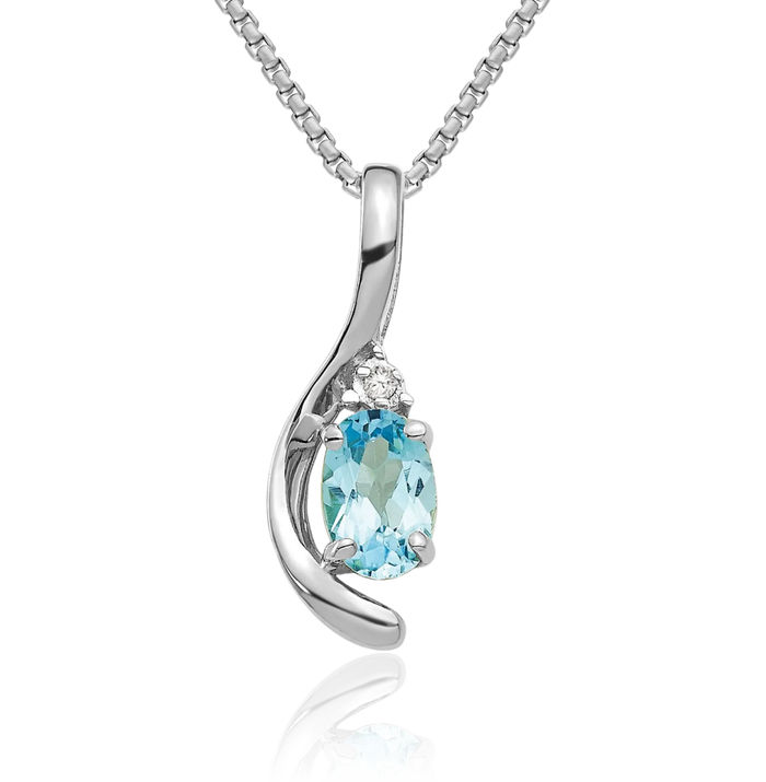 14K Solid White Gold Swiss Blue Topaz Diamond Necklace Gemstone Pendant Charm April December Birthstone Jewelry