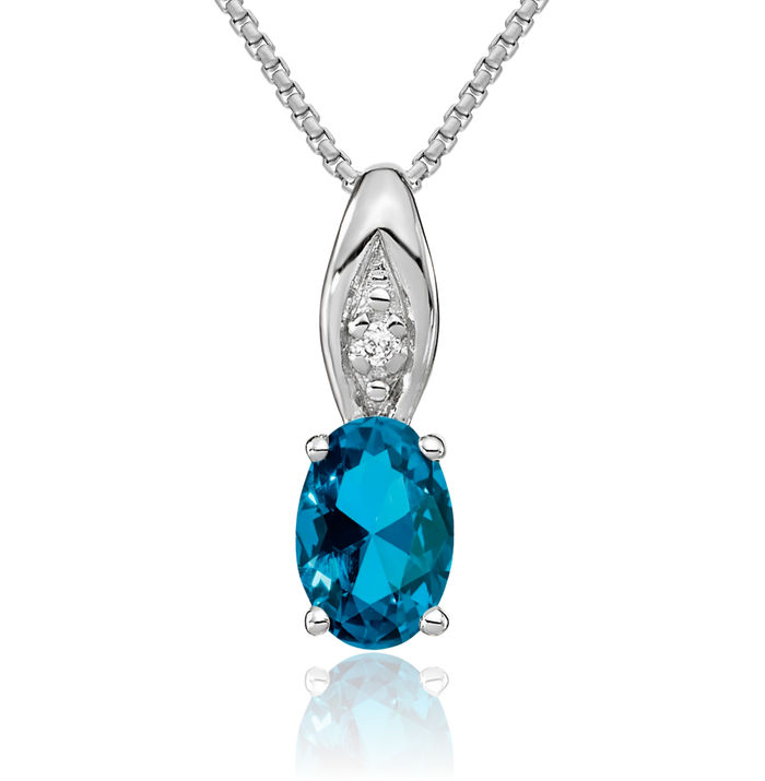 14K Solid White Gold Swiss Blue Topaz Diamond Necklace Gemstone Pendant Charm April December Birthstone Jewelry