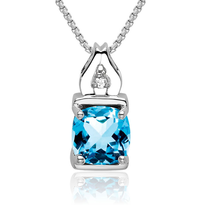 14K Solid White Gold Swiss Blue Topaz Diamond Necklace Charm Gemstone Pendant