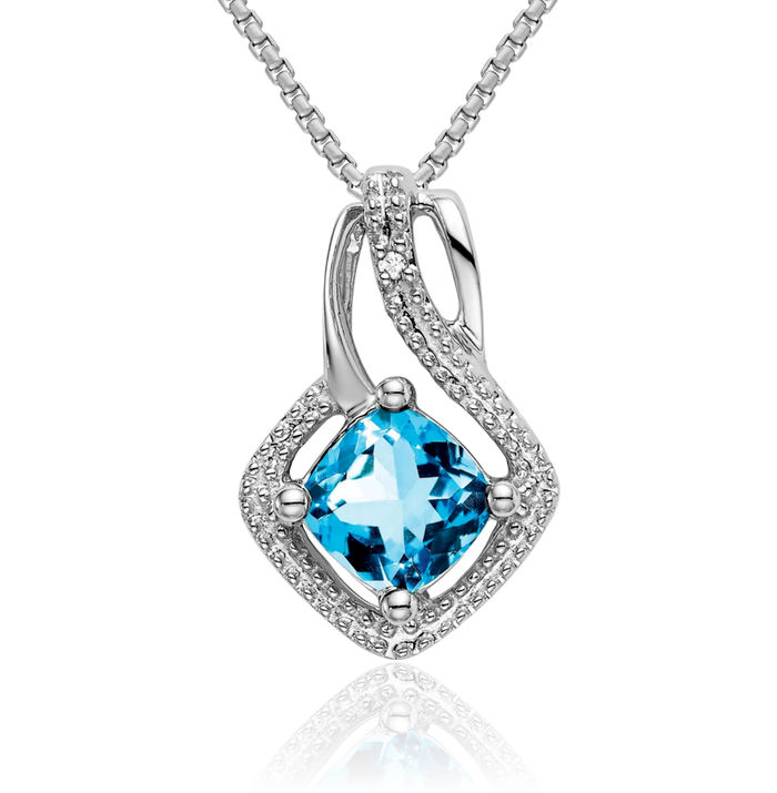 14K Solid White Gold Swiss Blue Topaz Diamond Necklace Charm Gemstone Pendant