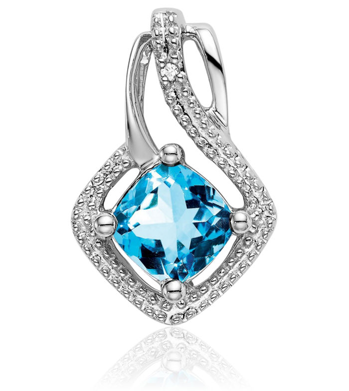 14K Solid White Gold Swiss Blue Topaz Diamond Necklace Charm Gemstone Pendant