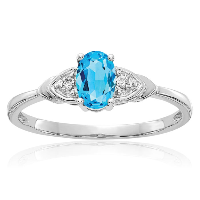 14K Solid White Gold Swiss Blue Topaz Diamond Ring December Birthstone Jewelry