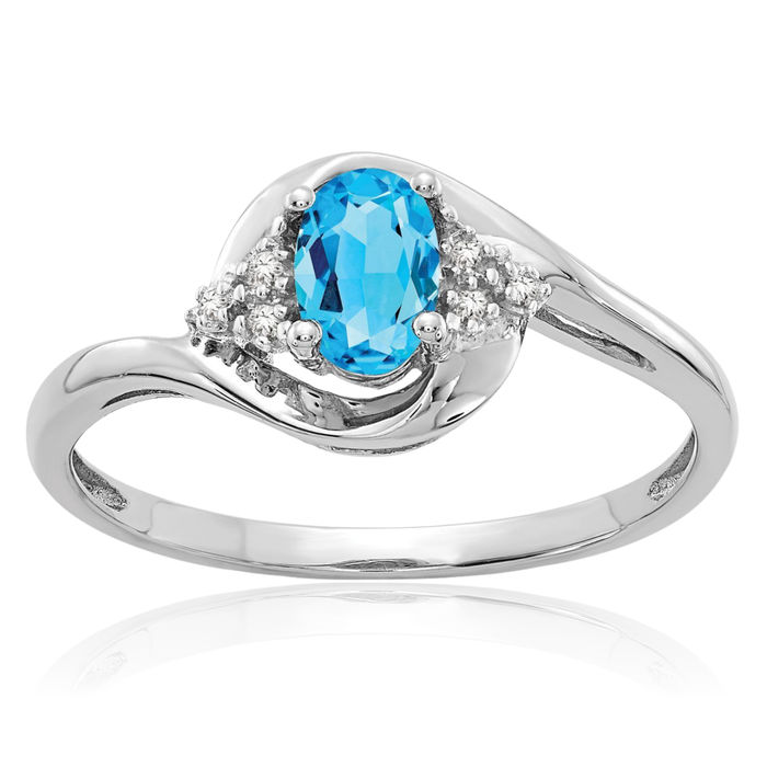 14K Solid White Gold Swiss Blue Topaz Diamond Ring December Birthstone Jewelry