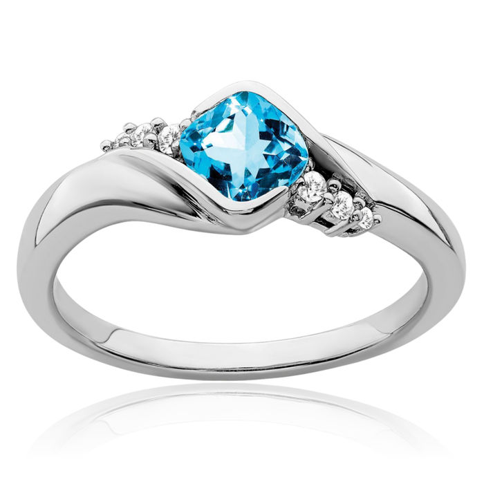 14K Solid White Gold Swiss Blue Topaz Diamond Ring Gemstone Band December Birthstone Jewelry