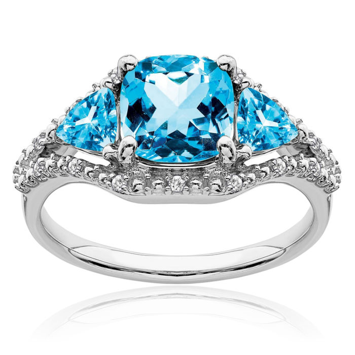 14K Solid White Gold Swiss Blue Topaz Diamond Ring Gemstone Band December Birthstone Jewelry