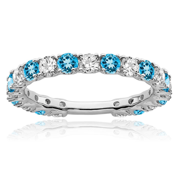 14K Solid White Gold Swiss Blue Topaz Diamond Ring Gemstone Band December Birthstone Jewelry