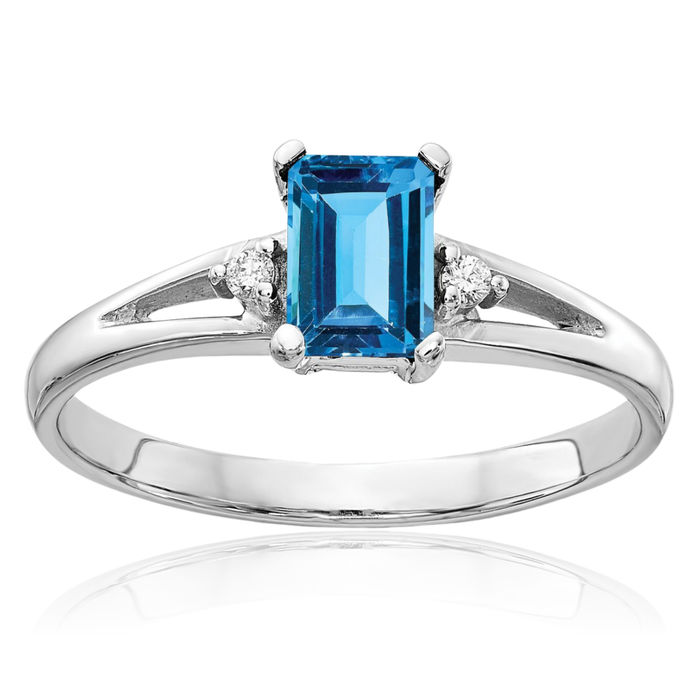 14K Solid White Gold Swiss Blue Topaz Diamond Ring Gemstone Band December Birthstone Jewelry