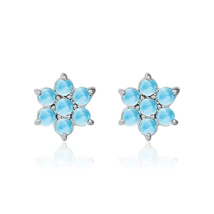 14K Solid White Gold Swiss Blue Topaz Flower Stud Earrings December Birthstone Jewelry