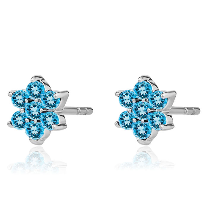 14K Solid White Gold Swiss Blue Topaz Flower Stud Earrings December Birthstone Jewelry