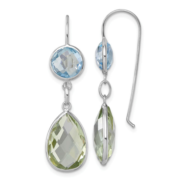 14K Solid White Gold Swiss Blue Topaz Green Quartz Drop Dangle Earrings Pear Teardrop Gemstone